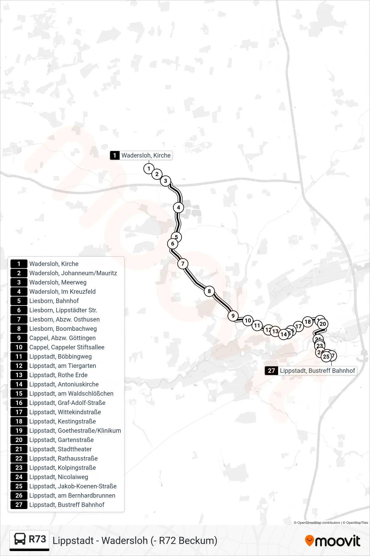 Linie R73 (Bus) Richtung Lippstadt, Bustreff Bahnhof D: Route und Haltestellen auf der Karte