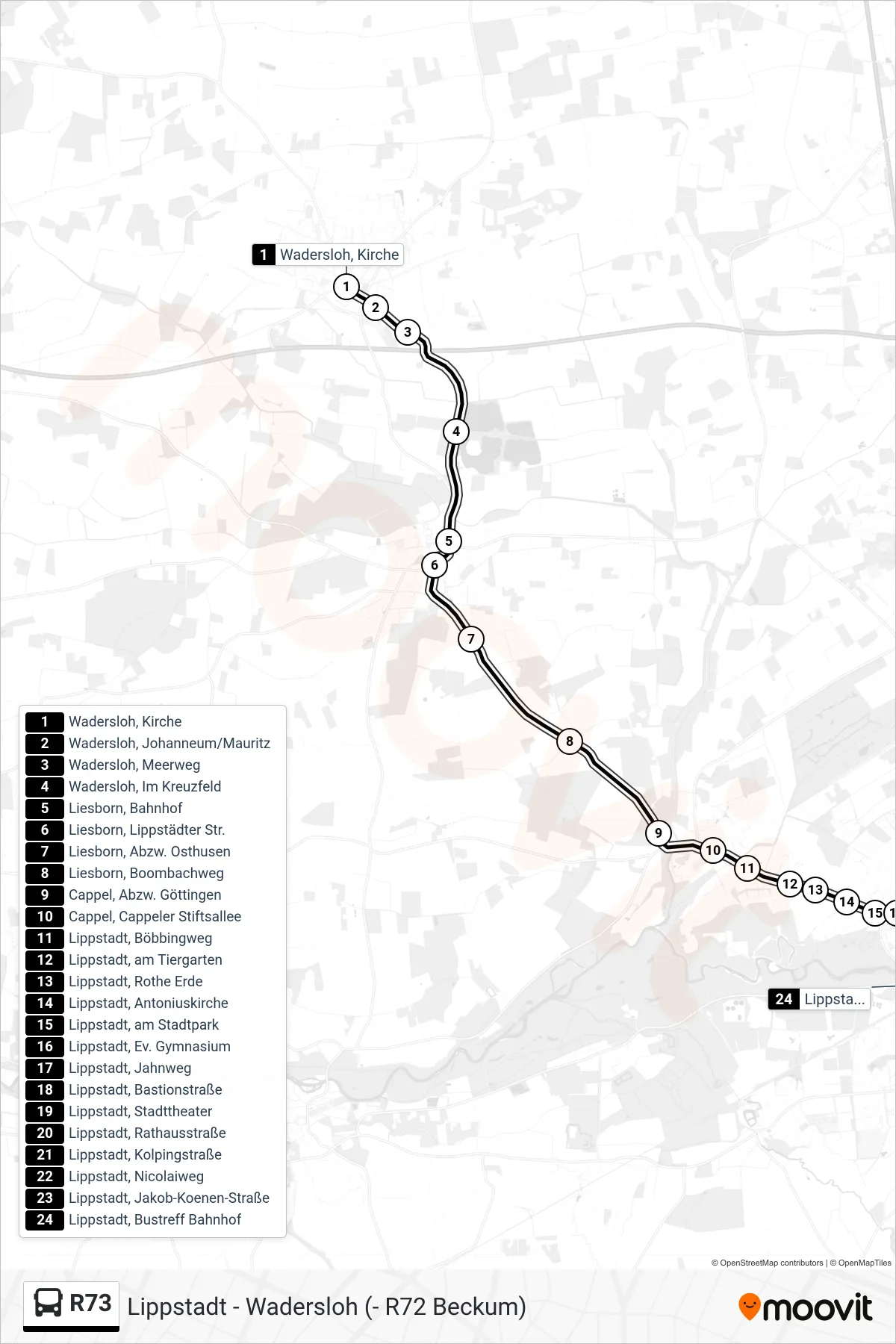 R73 bus Line (Lippstadt, Bustreff Bahnhof A) route and stops on a map