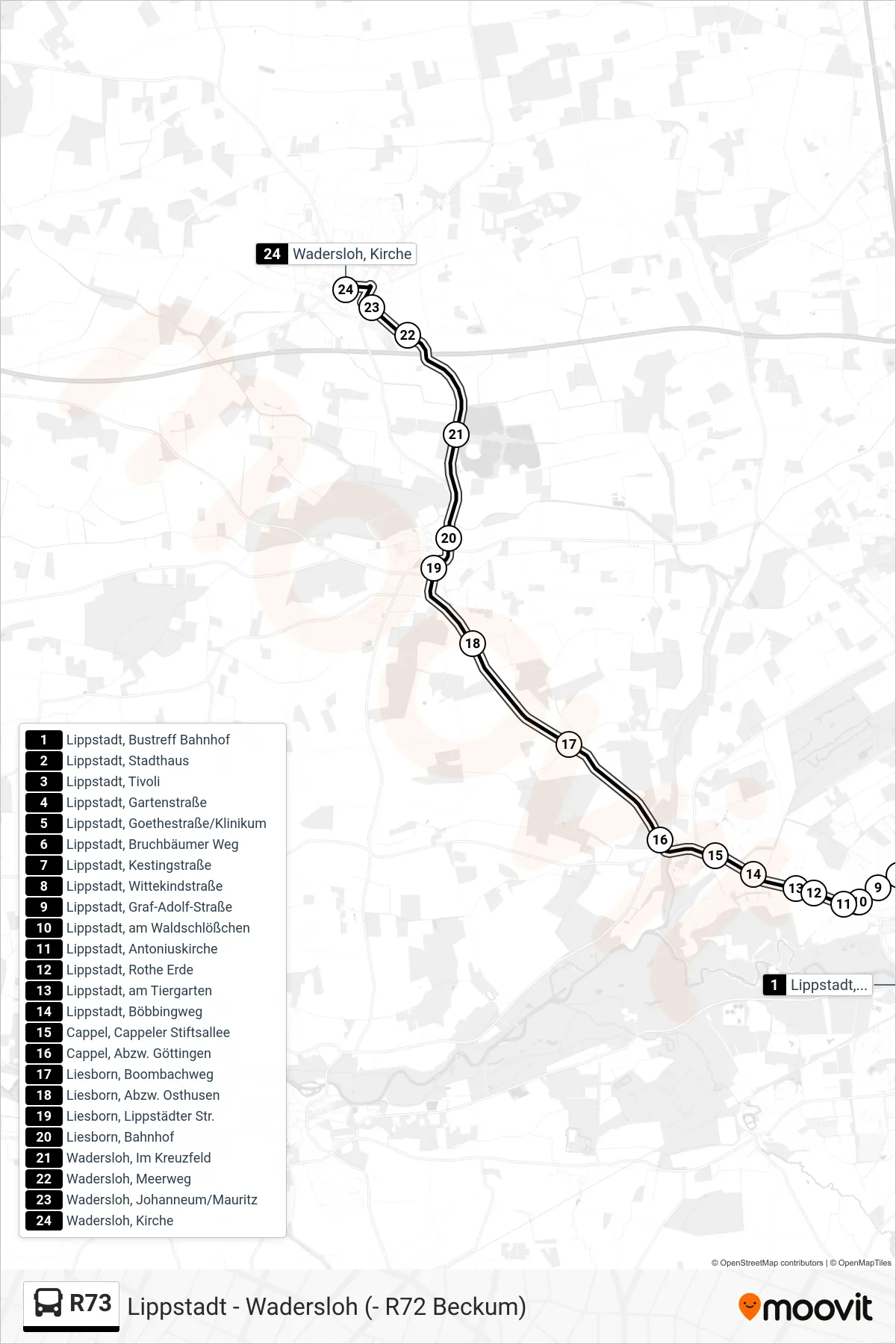R73 bus Line (Wadersloh, Kirche) route and stops on a map
