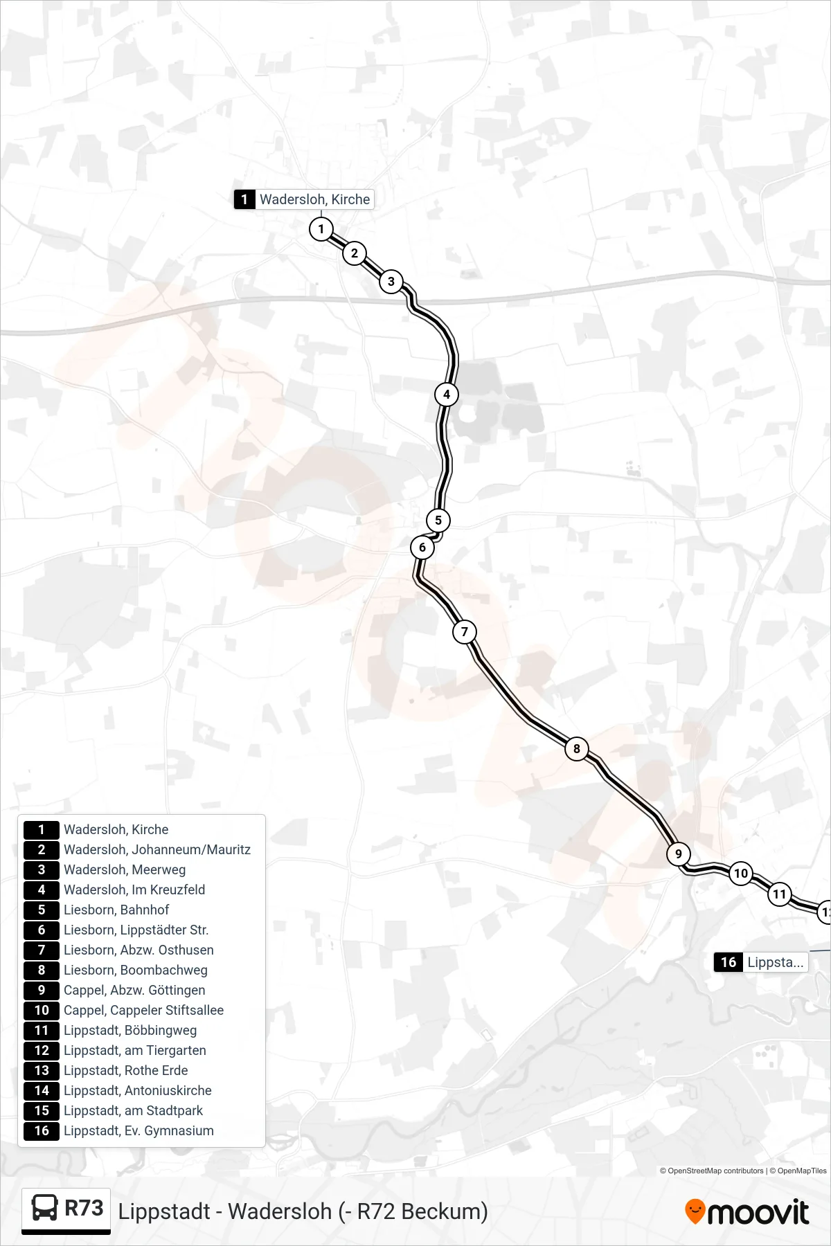 R73 bus Line (Lippstadt, Ev. Gymnasium) route and stops on a map