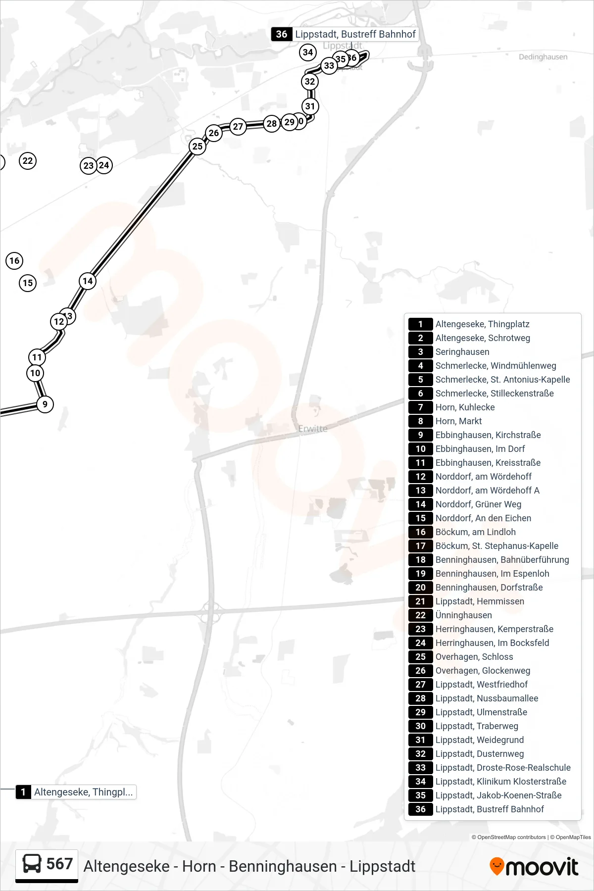 567 bus Line (Lippstadt, Bustreff Bahnhof C) route and stops on a map