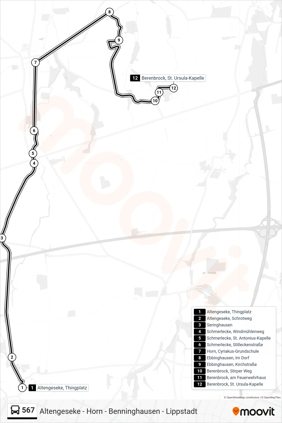 Linie 567 (Bus) Richtung Berenbrock, St. Ursula-Kapelle: Route und Haltestellen auf der Karte