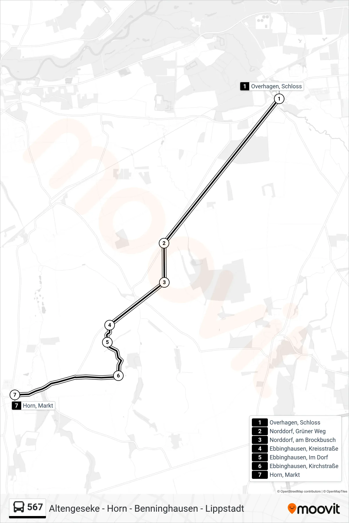 567 bus Line (Horn, Markt) route and stops on a map