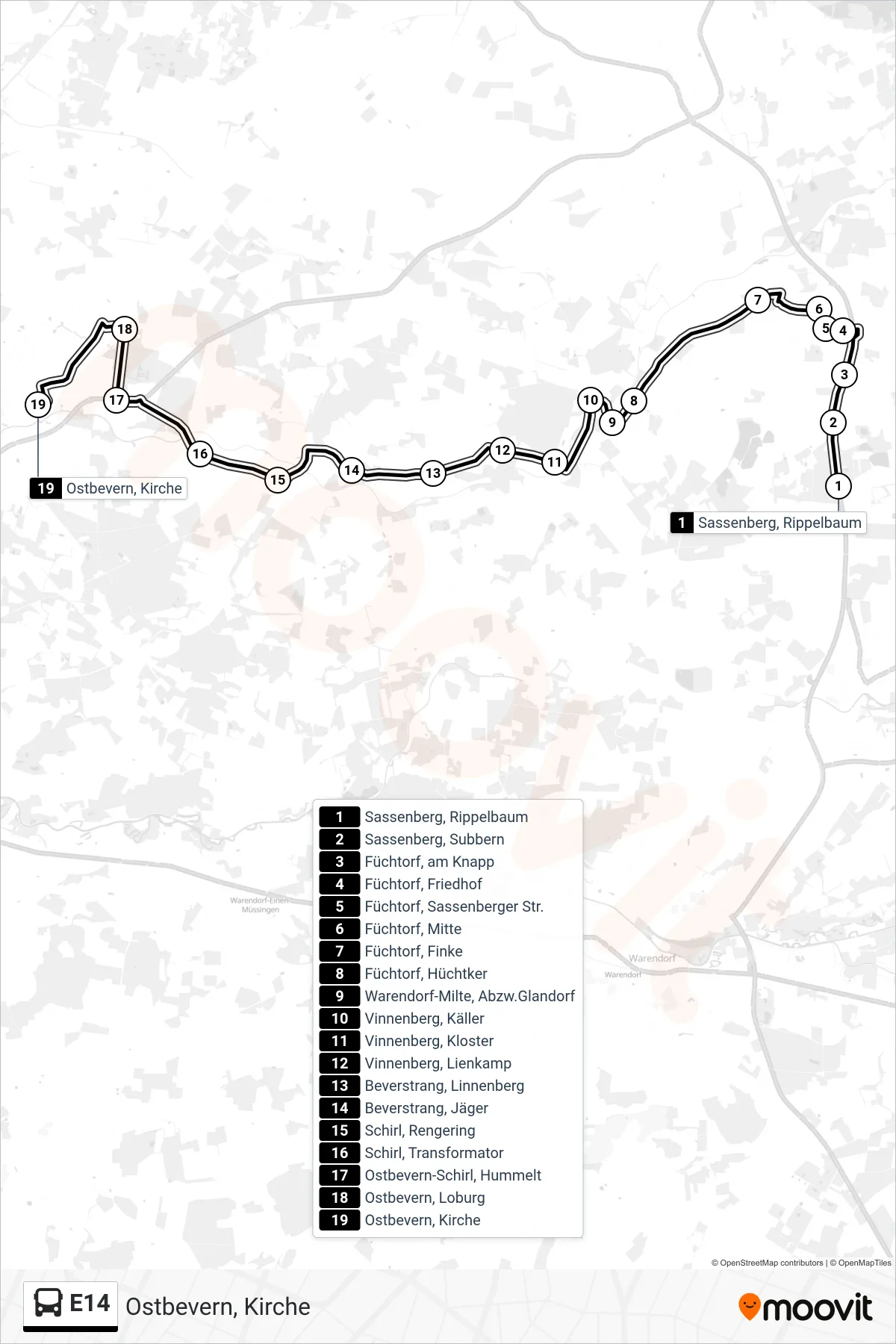Linie E14 (Tram) Richtung Ostbevern, Kirche: Route und Haltestellen auf der Karte