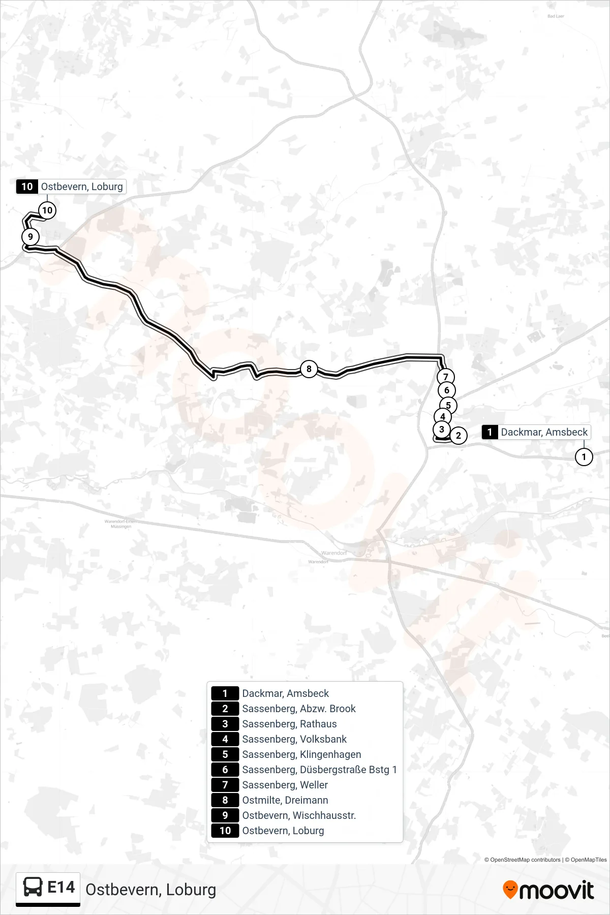 Linie E14 (Tram) Richtung Ostbevern, Loburg: Route und Haltestellen auf der Karte