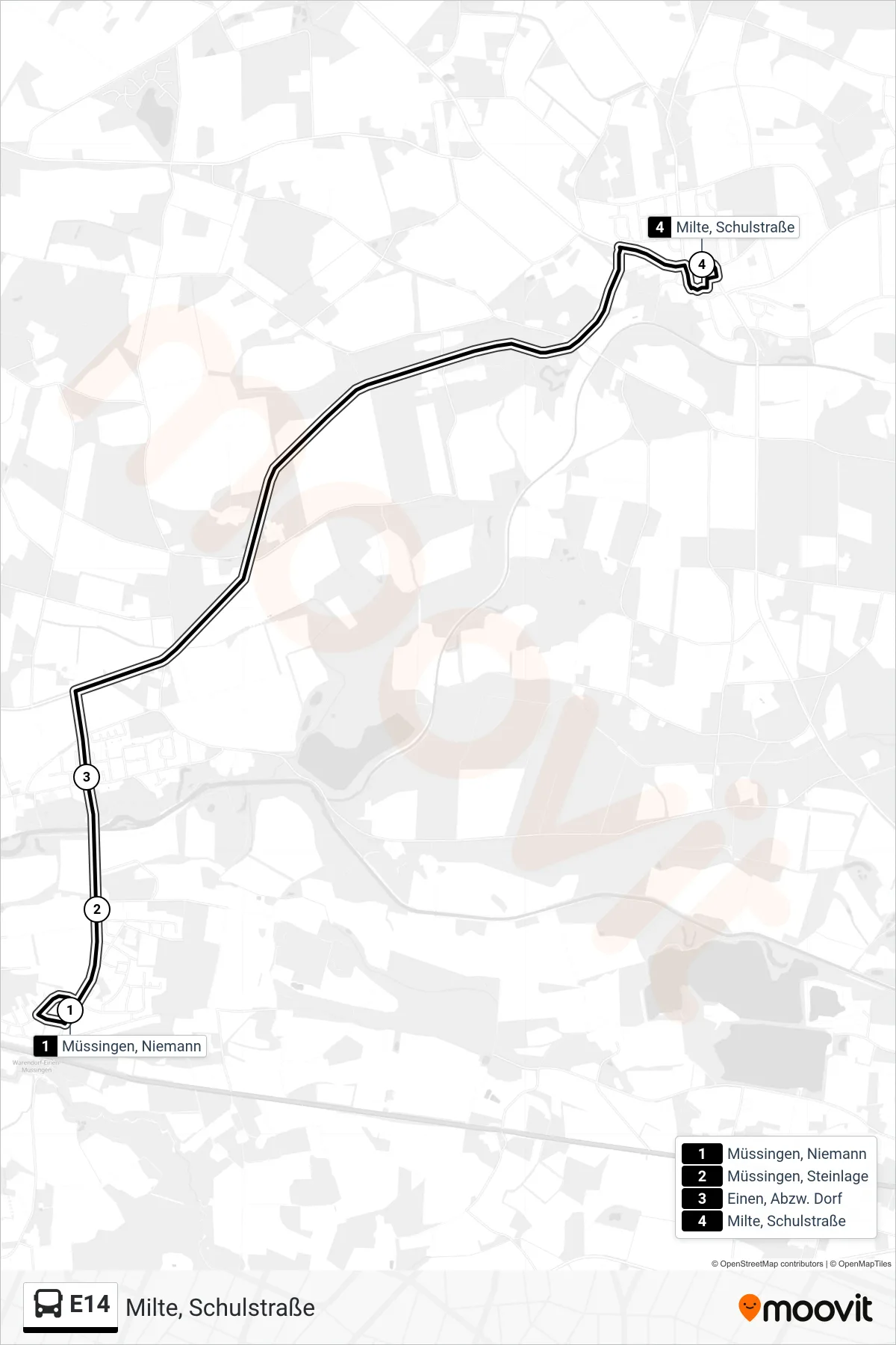 E14 tram Line (Milte, Schulstraße) route and stops on a map