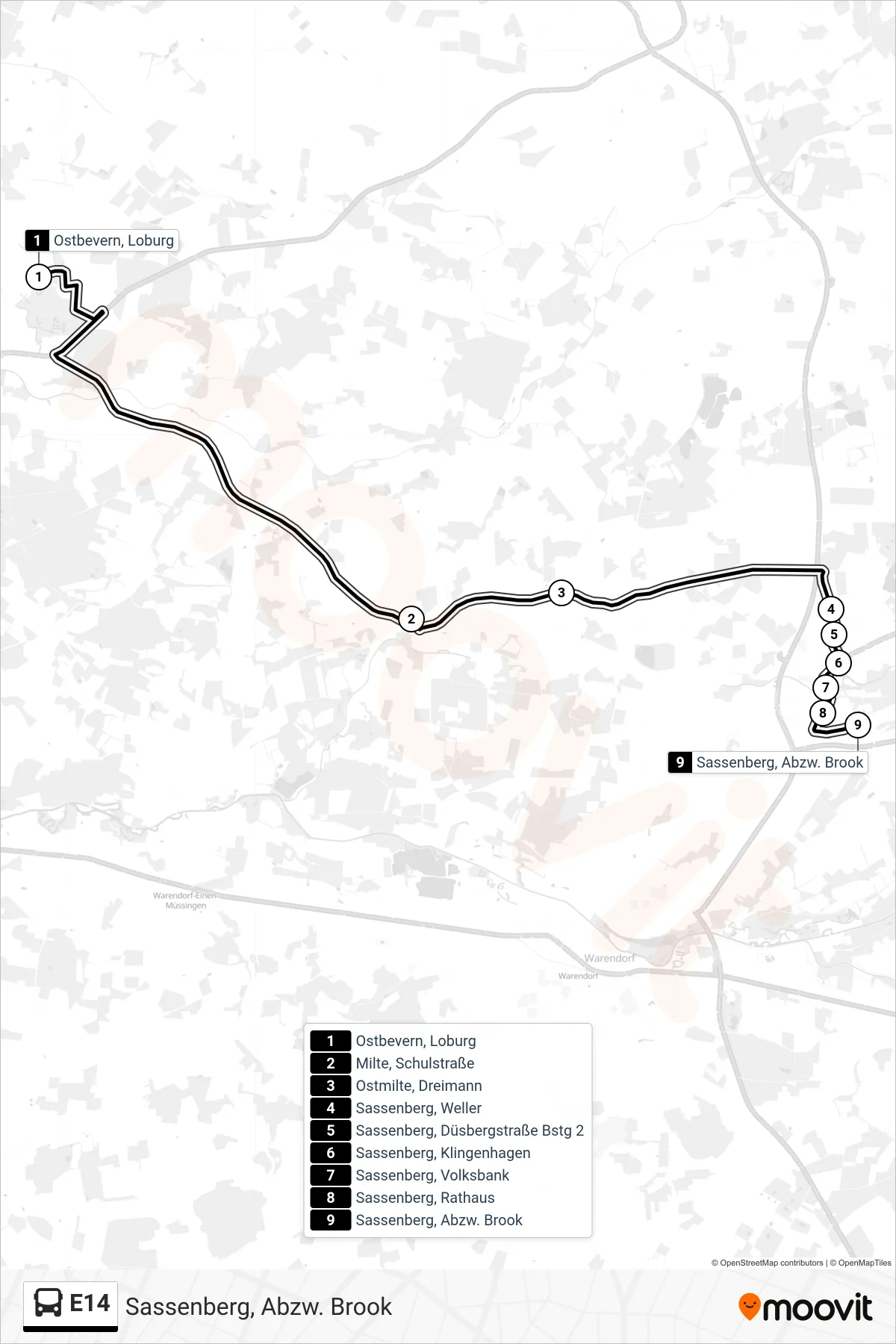 Linie E14 (Tram) Richtung Sassenberg, Abzw. Brook: Route und Haltestellen auf der Karte