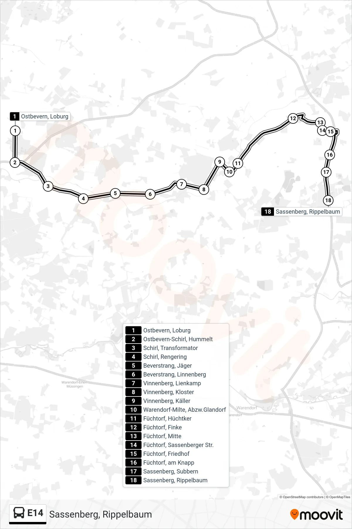 Linie E14 (Tram) Richtung Sassenberg, Rippelbaum: Route und Haltestellen auf der Karte