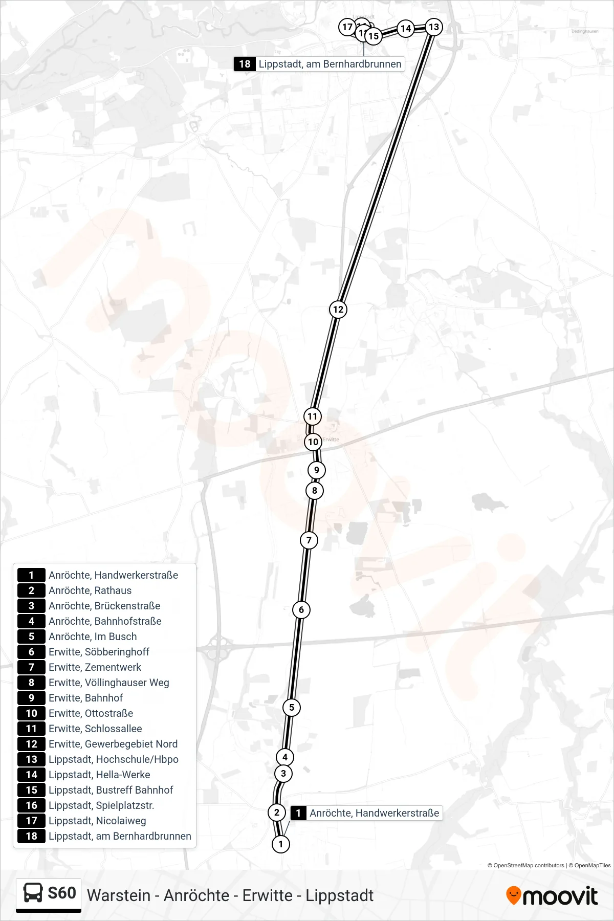 S60 bus Line (Lippstadt, am Bernhardbrunnen) route and stops on a map