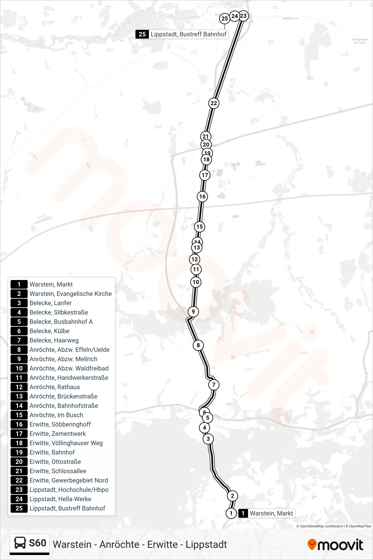 S60 bus Line (Lippstadt, Bustreff Bahnhof B) route and stops on a map