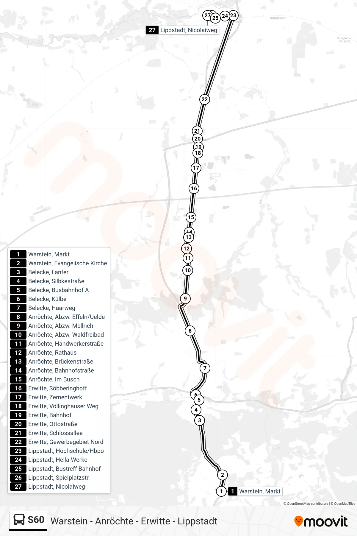 S60 bus Line (Lippstadt, Nicolaiweg) route and stops on a map