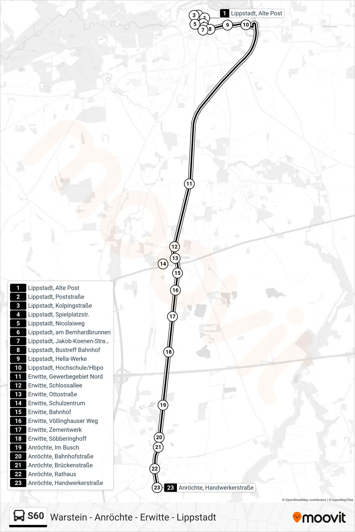 S60 bus Line (Anröchte, Handwerkerstraße) route and stops on a map