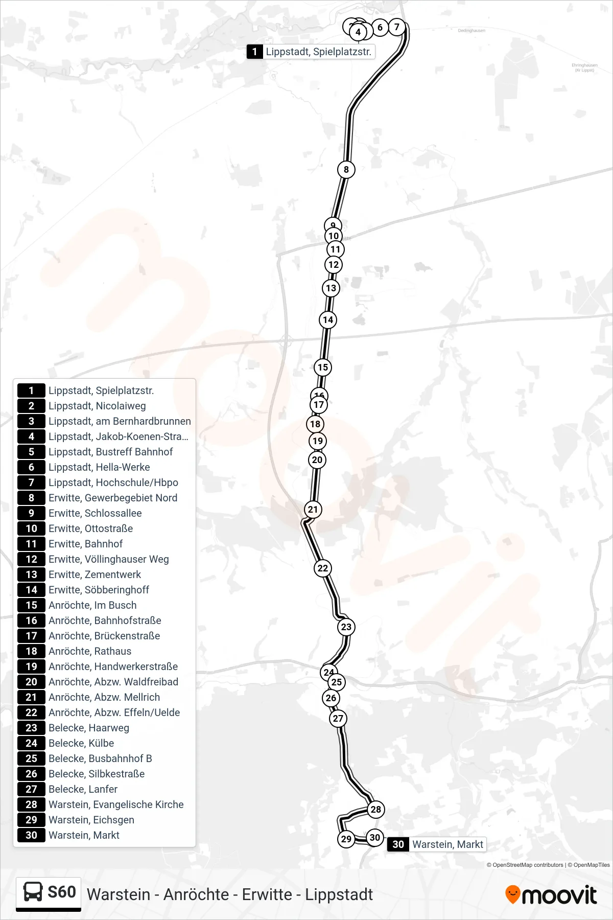 Linie S60 (Bus) Richtung Warstein, Markt: Route und Haltestellen auf der Karte