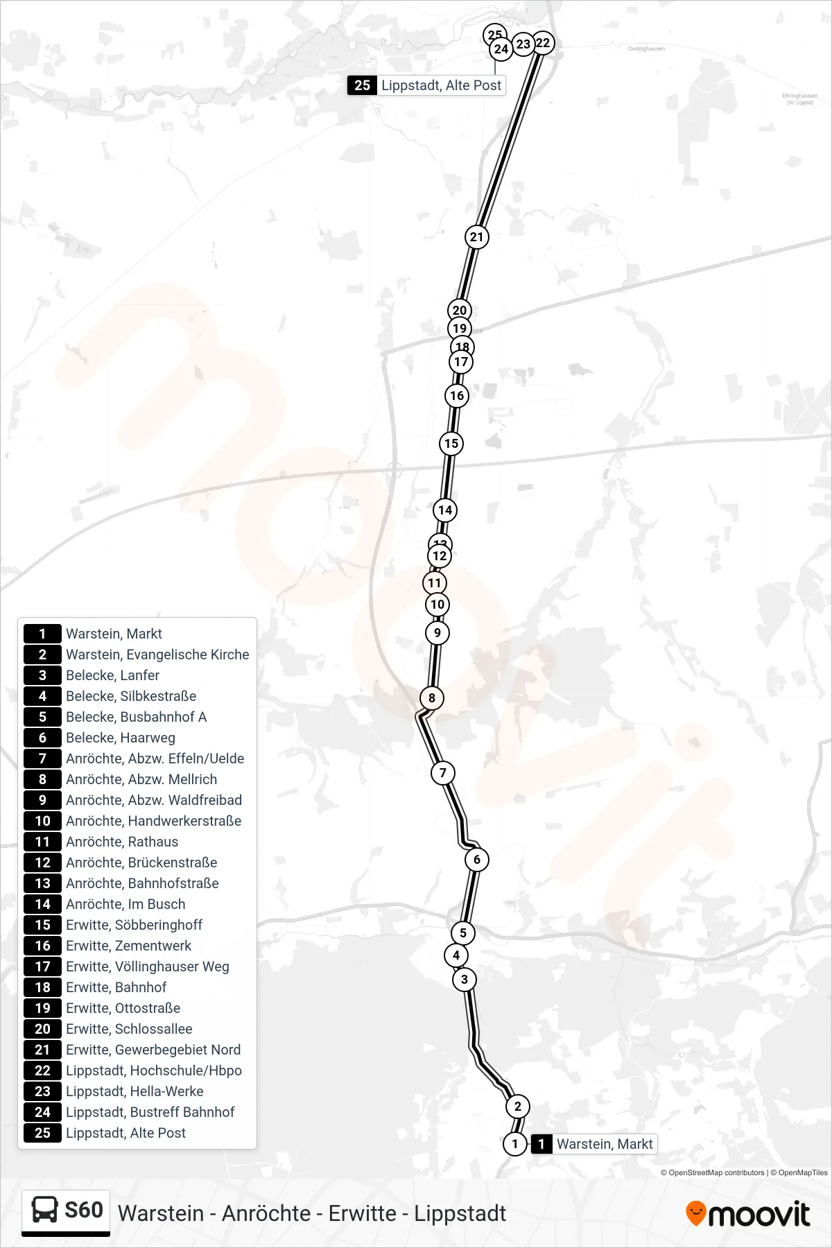 S60 bus Line (Lippstadt, Alte Post) route and stops on a map