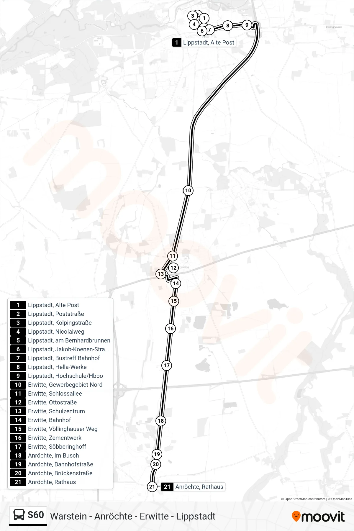 Linie S60 (Bus) Richtung Anröchte, Rathaus: Route und Haltestellen auf der Karte