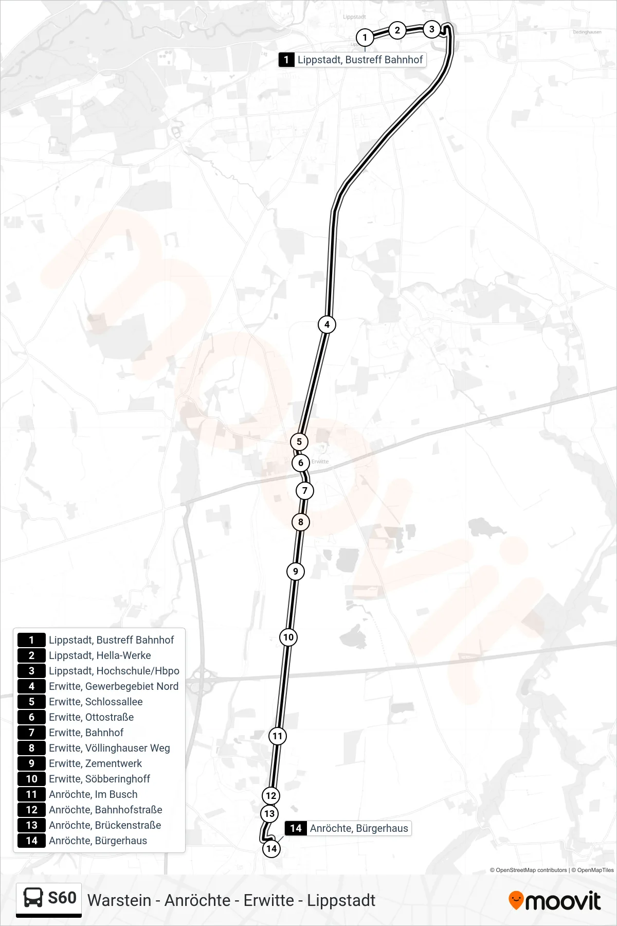 S60 bus Line (Anröchte, Bürgerhaus) route and stops on a map