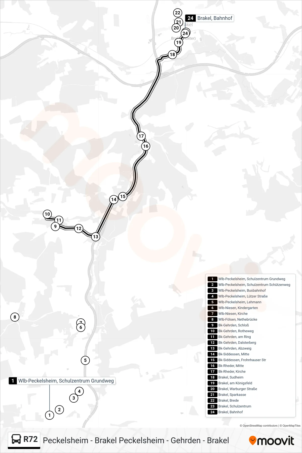R72 bus Line (Brakel, Bahnhof) route and stops on a map