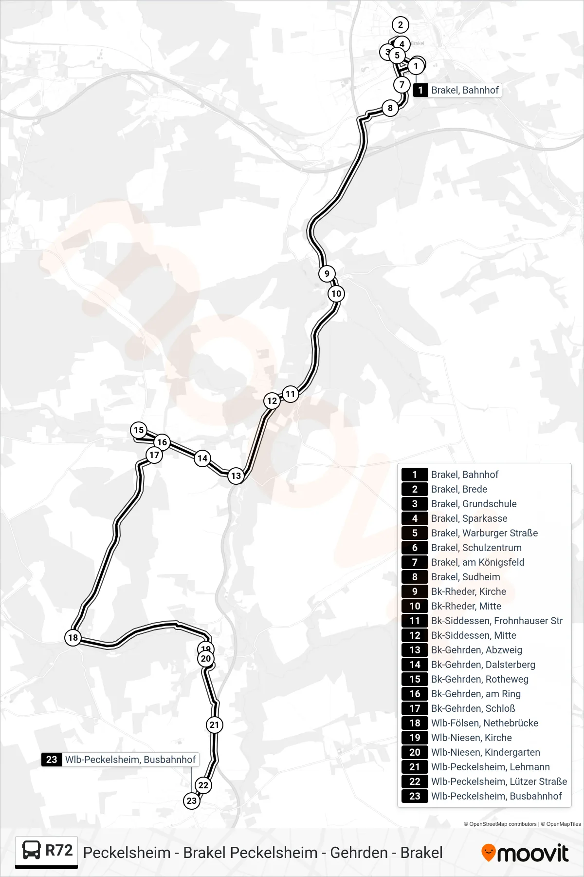 R72 bus Line (Wlb-Peckelsheim, Busbahnhof) route and stops on a map