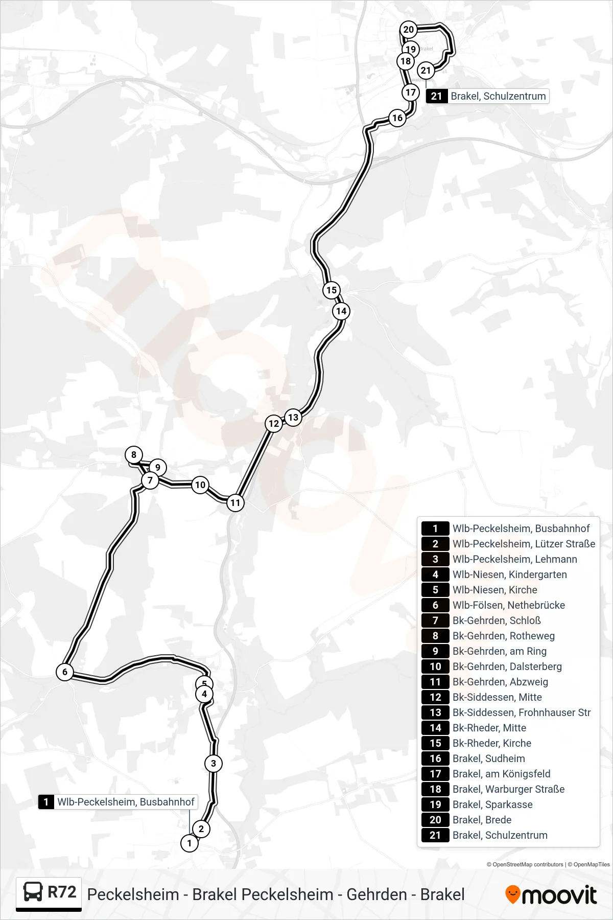 R72 bus Line (Brakel, Schulzentrum) route and stops on a map