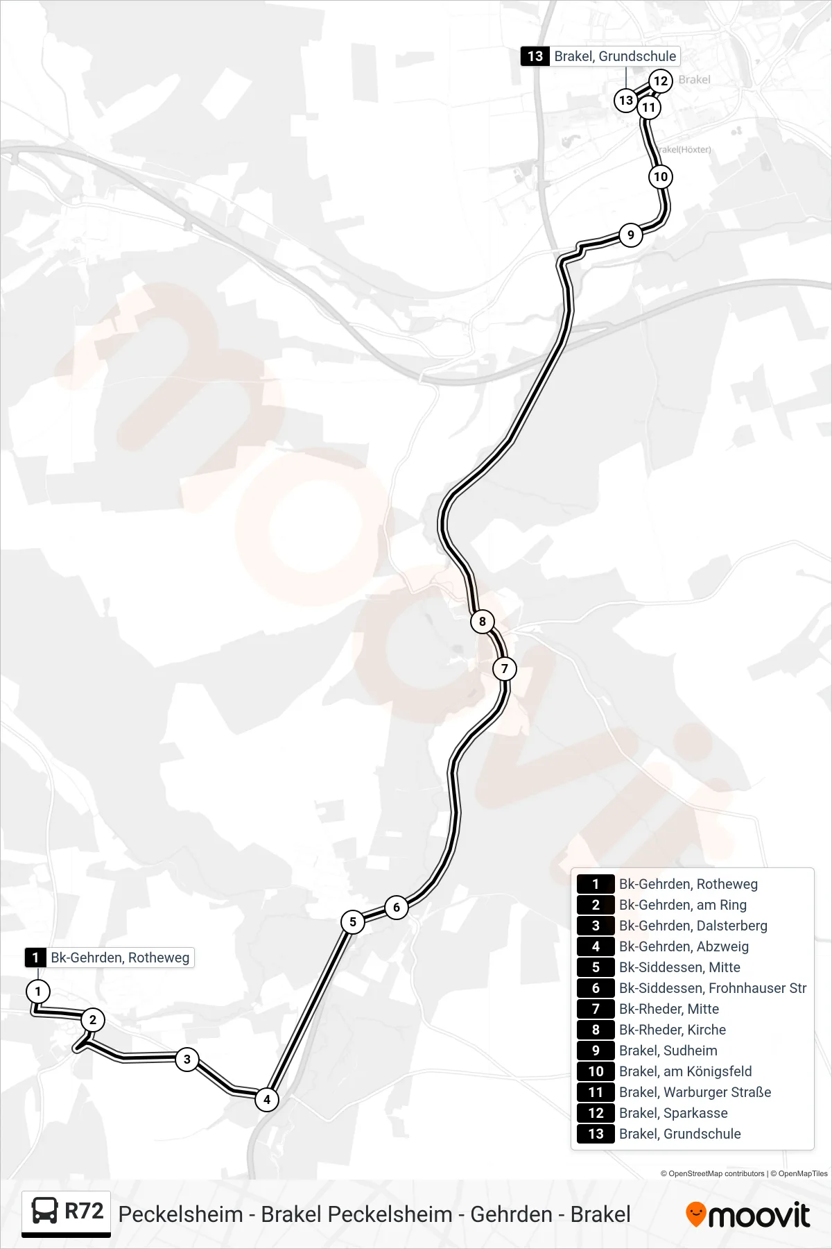 Linie R72 (Bus) Richtung Brakel, Grundschule: Route und Haltestellen auf der Karte