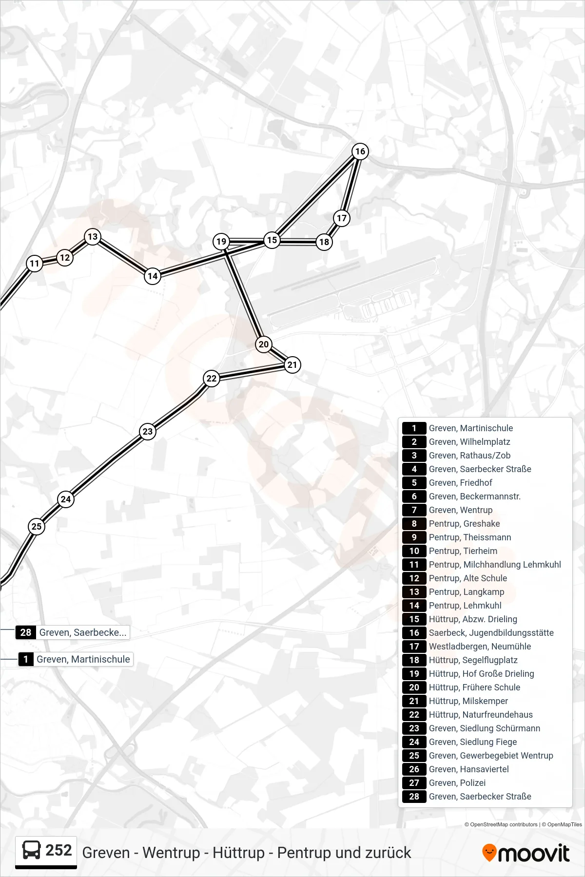 Linie 252 (Bus) Richtung Greven, Rathaus/Zob Bstg C: Route und Haltestellen auf der Karte