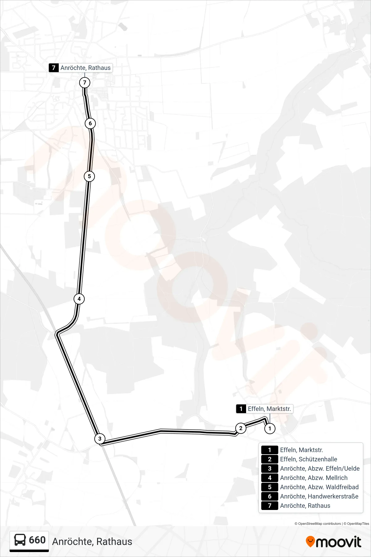 660 bus Line (Anröchte, Rathaus) route and stops on a map