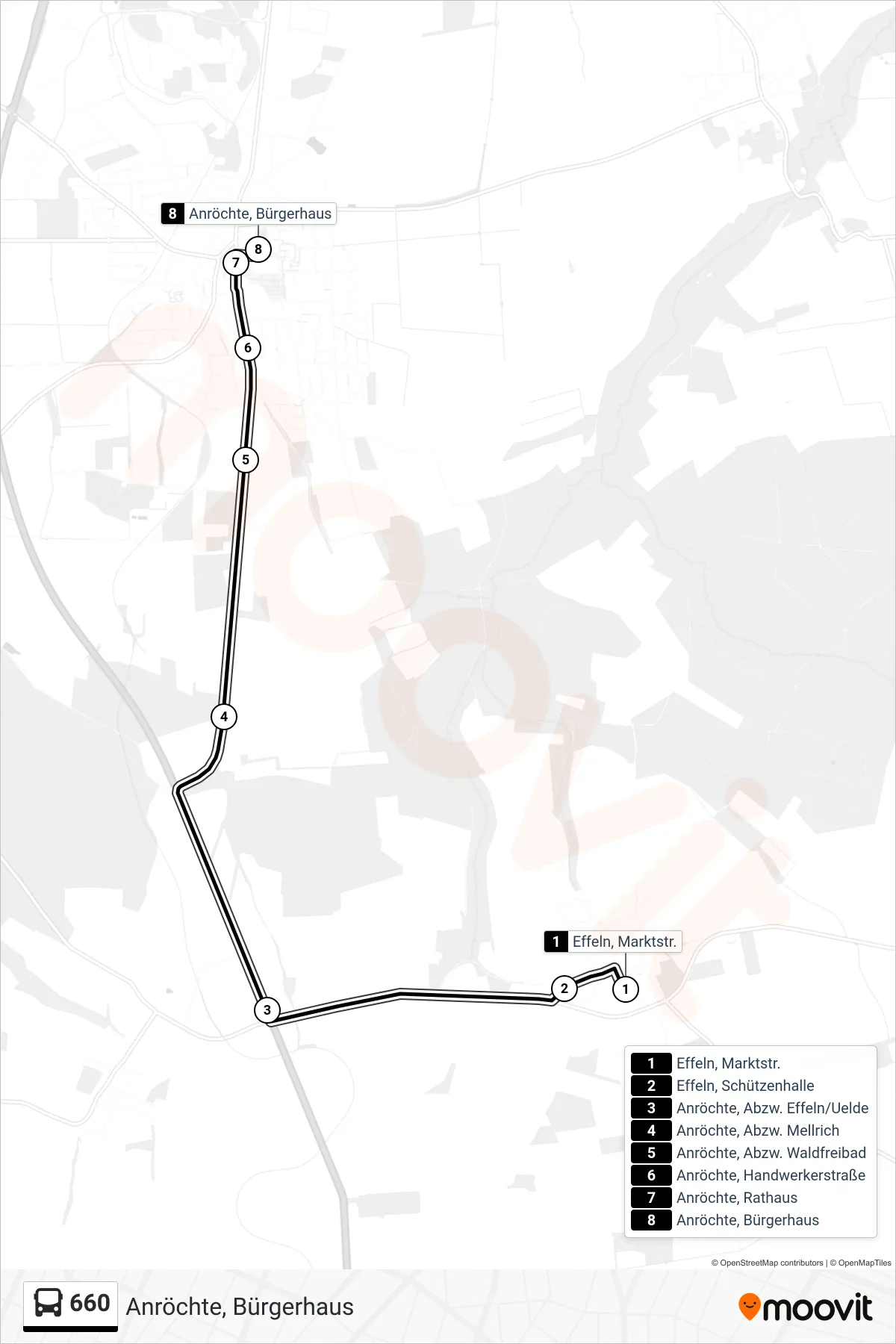 Linie 660 (Bus) Richtung Anröchte, Bürgerhaus: Route und Haltestellen auf der Karte