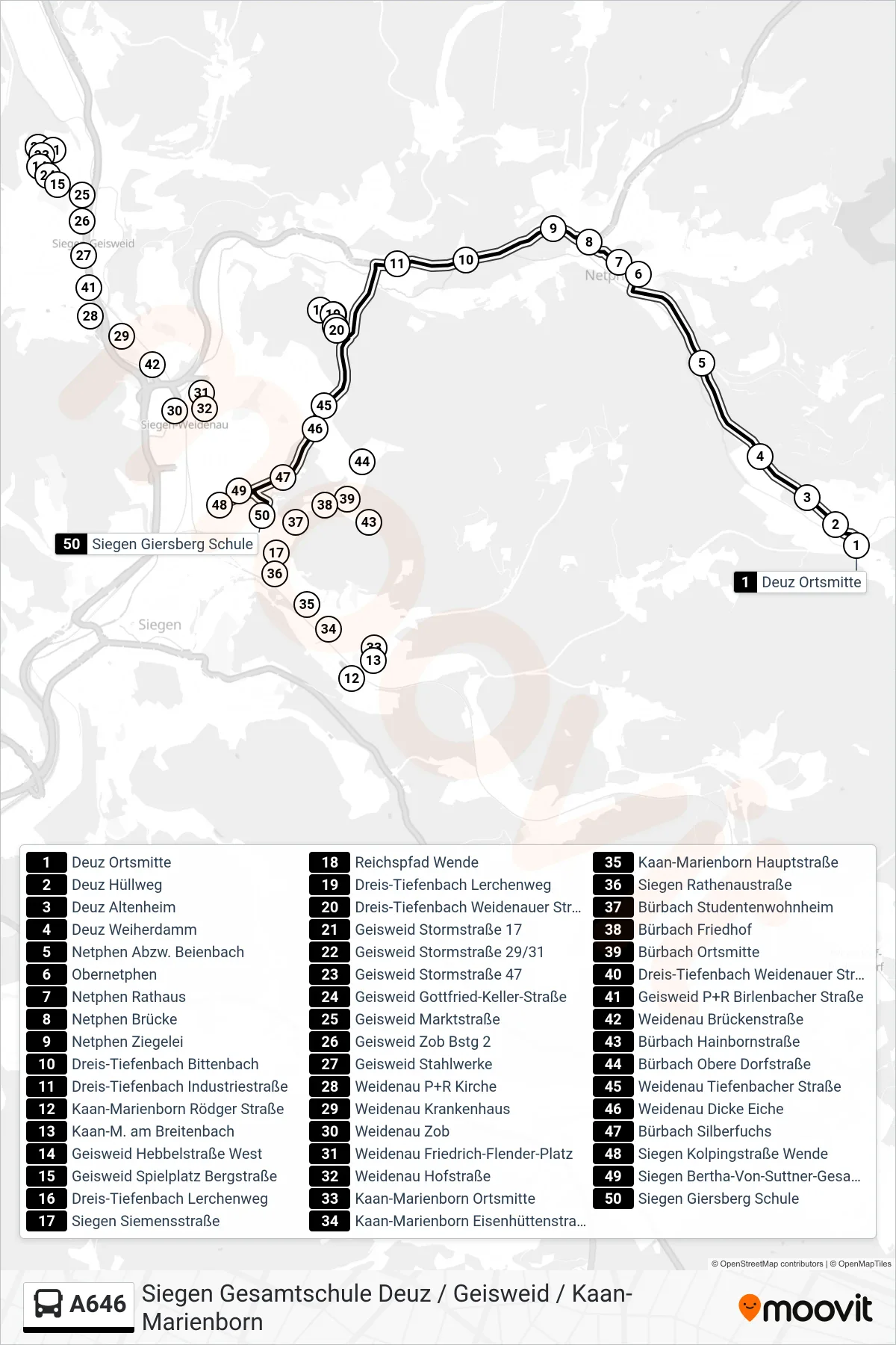 Linie A646 (Bus) Richtung Siegen Giersberg Schule: Route und Haltestellen auf der Karte