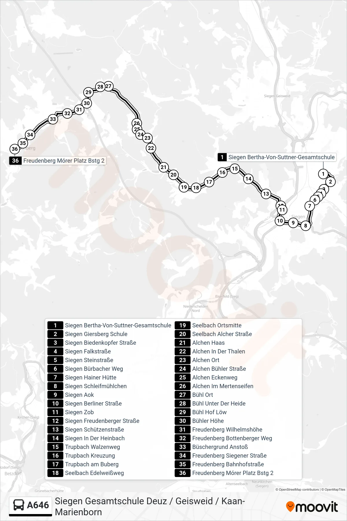 Linie A646 (Bus) Richtung Freudenberg Mórer Platz Bstg 2: Route und Haltestellen auf der Karte