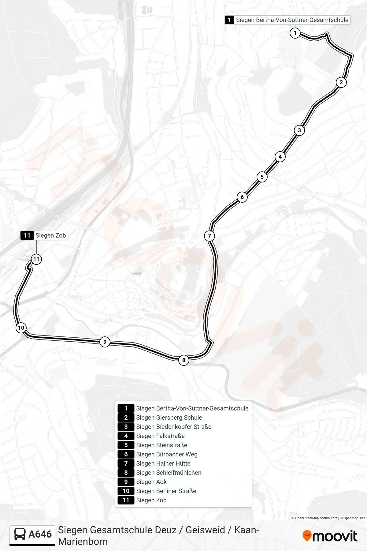 Linie A646 (Bus) Richtung Siegen Zob Bstg E: Route und Haltestellen auf der Karte