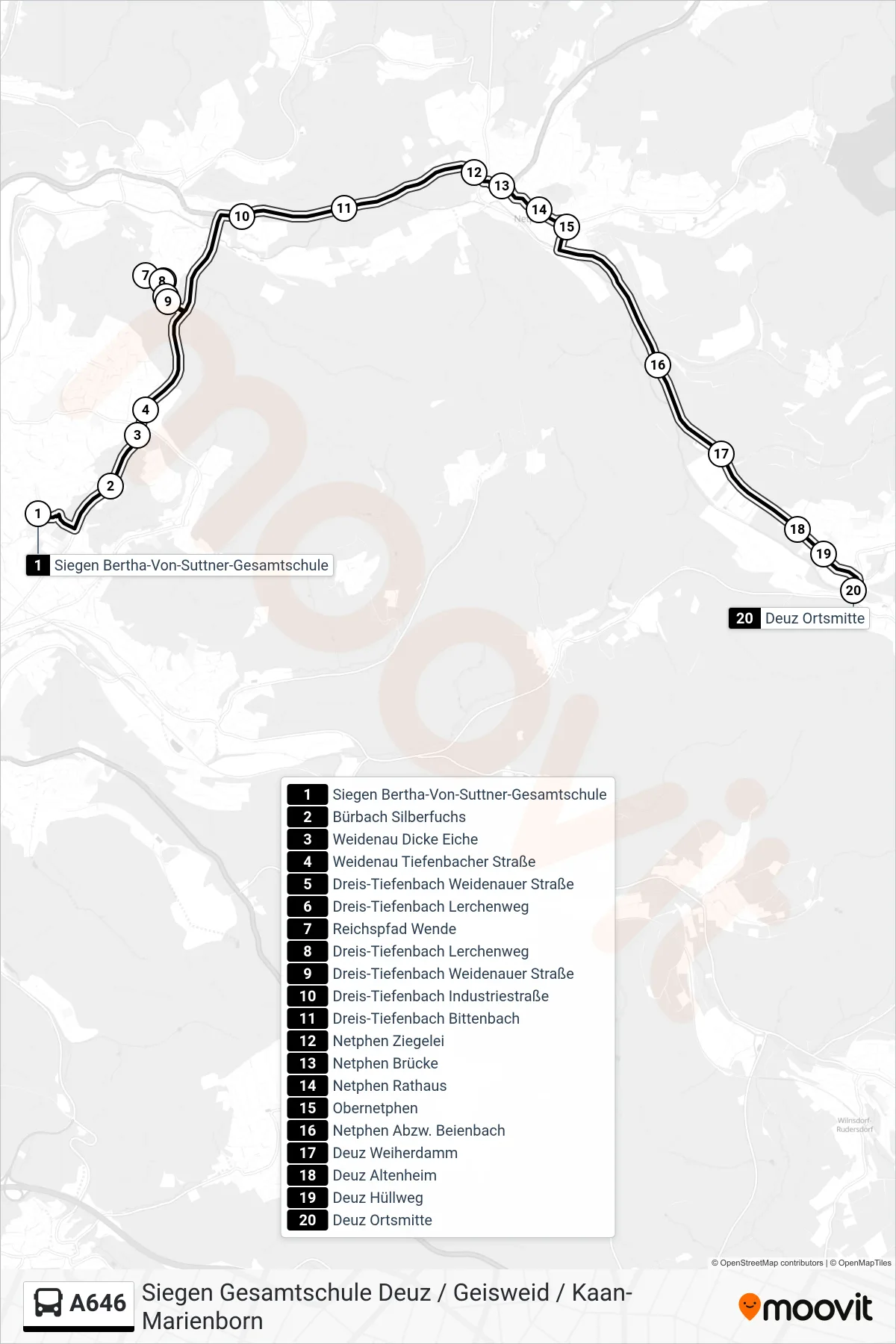 Linie A646 (Bus) Richtung Deuz Ortsmitte: Route und Haltestellen auf der Karte