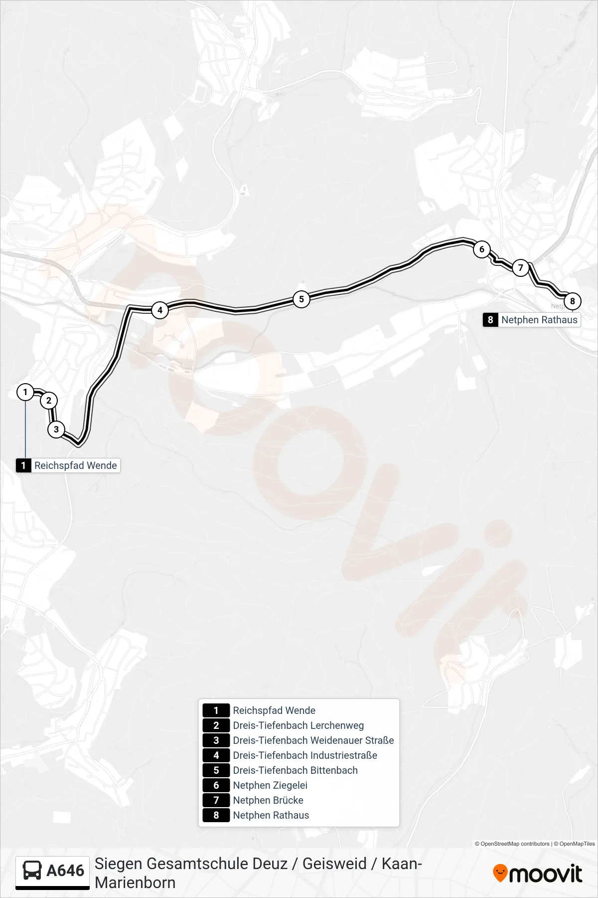 A646 bus Line (Netphen Rathaus) route and stops on a map