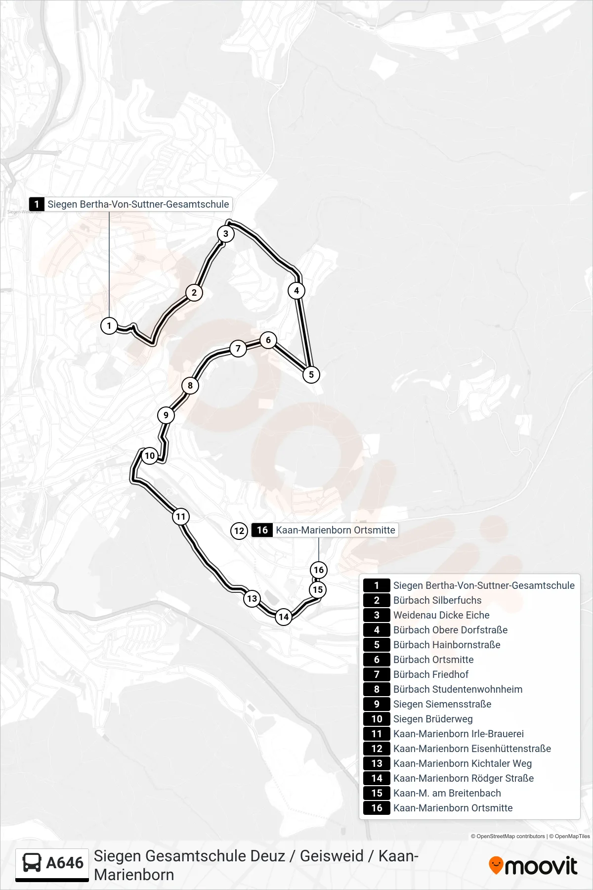 A646 bus Line (Kaan-Marienborn Ortsmitte) route and stops on a map