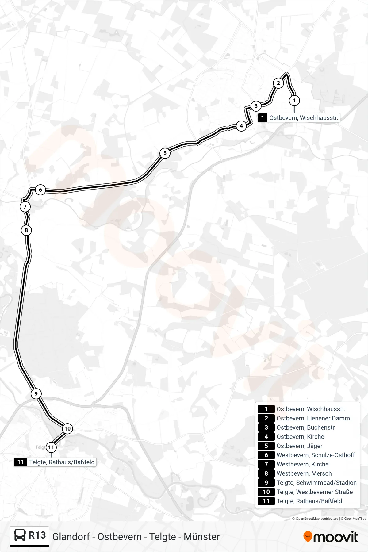 R13 tram Line (Telgte, Rathaus/Baßfeld) route and stops on a map