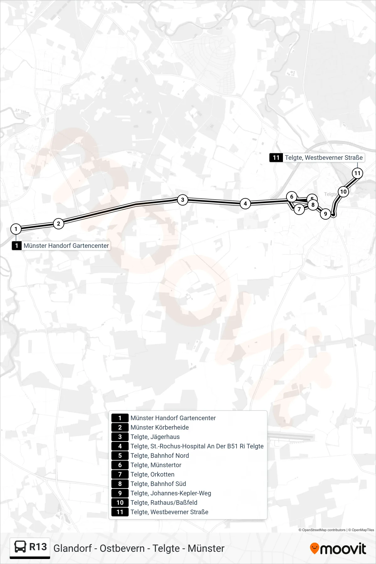 R13 tram Line (Telgte, Westbeverner Straße) route and stops on a map