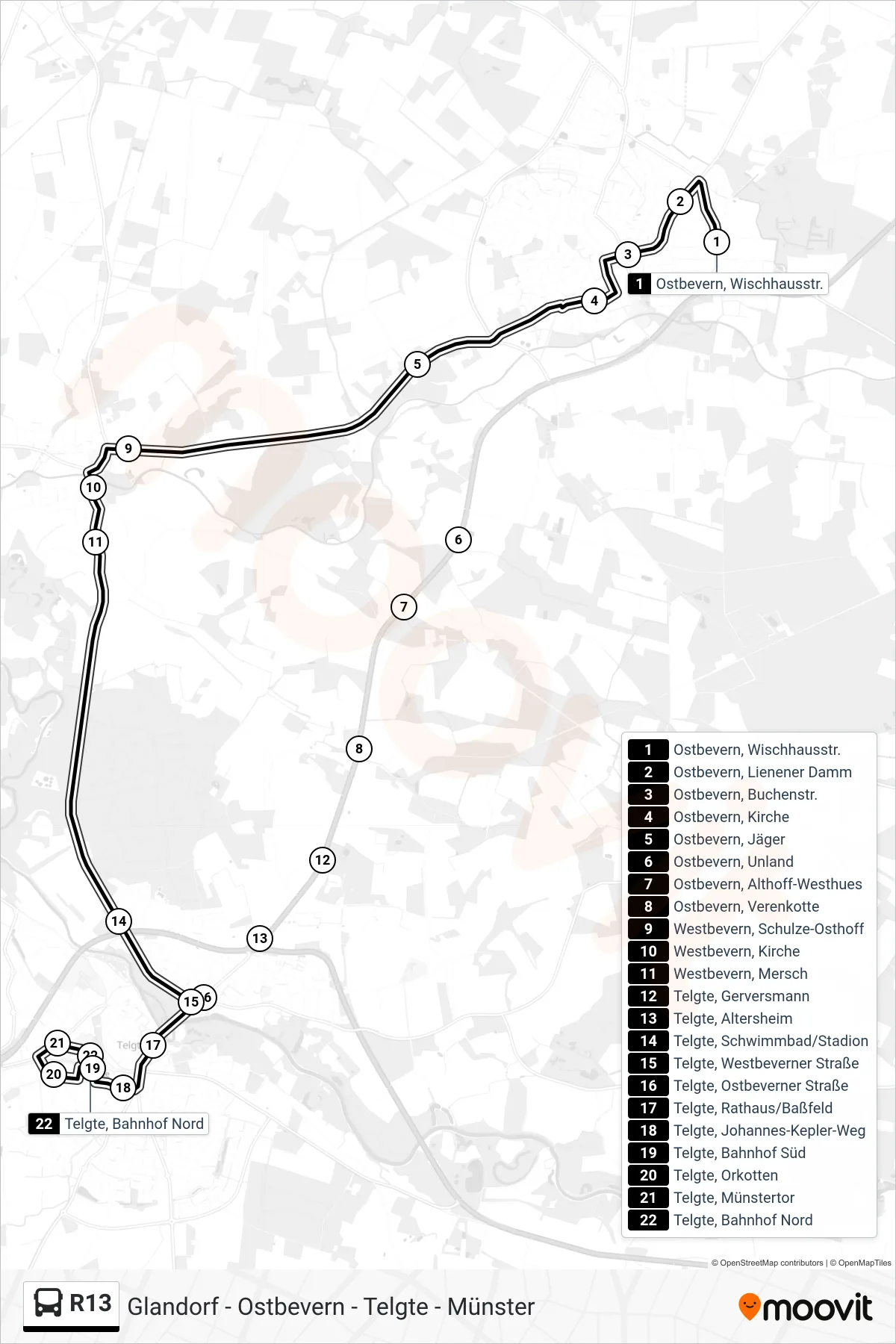 Linie R13 (Tram) Richtung Telgte, Bahnhof Nord: Route und Haltestellen auf der Karte