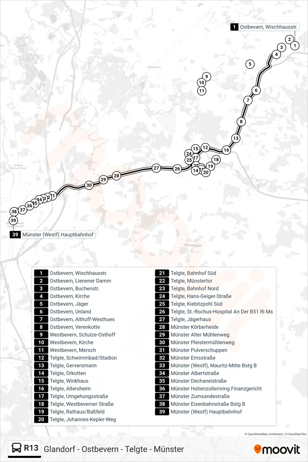 R13 tram Line (Münster) route and stops on a map