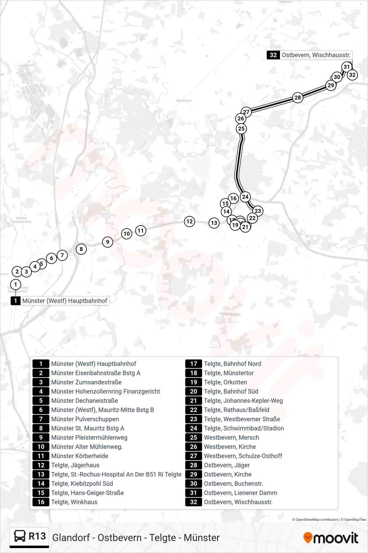 R13 tram Line (Ostbevern) route and stops on a map