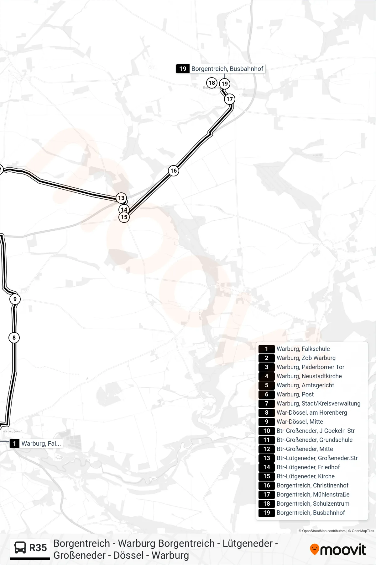 R35 bus Line (Borgentreich, Busbahnhof) route and stops on a map