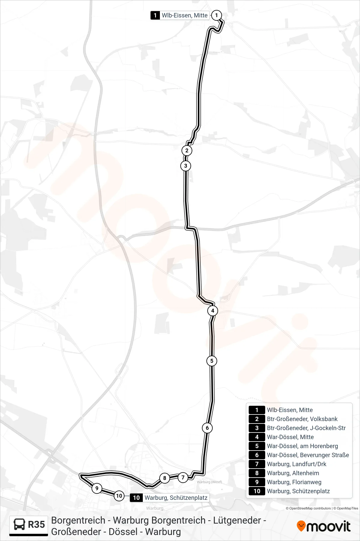 R35 bus Line (Warburg, Schützenplatz) route and stops on a map