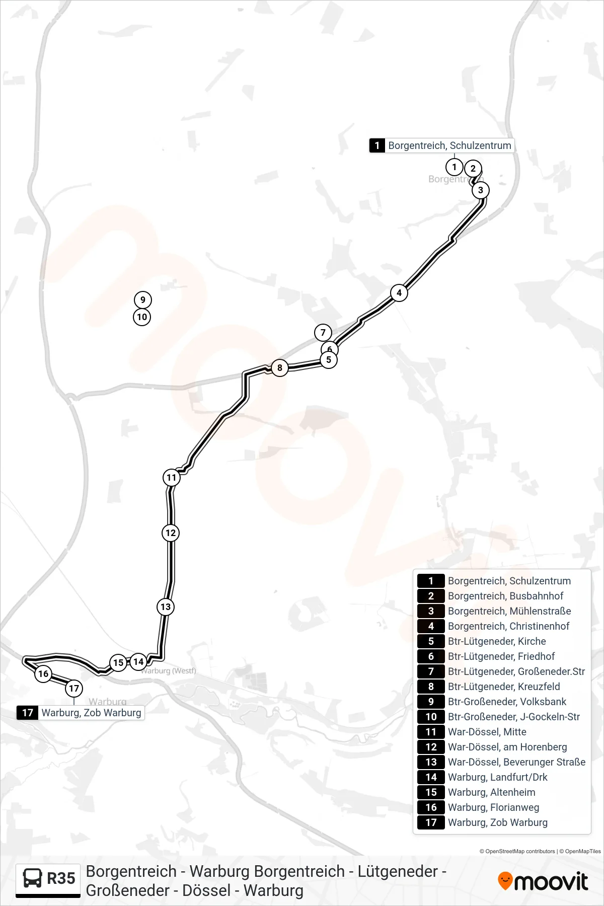 Linie R35 (Bus) Richtung Warburg, Zob Warburg Bstg 5: Route und Haltestellen auf der Karte