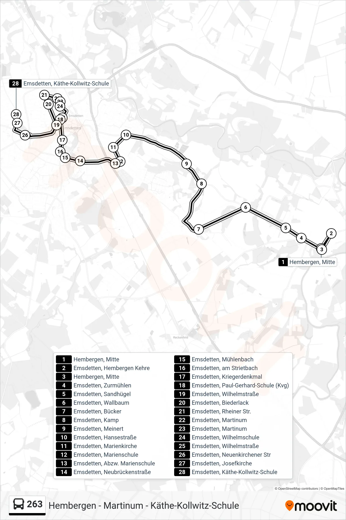 263 bus Line (Emsdetten, Käthe-Kollwitz-Schule) route and stops on a map