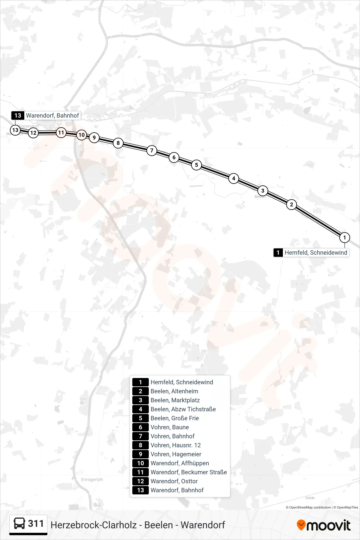311 tram Line (Warendorf, Bahnhof Bstg 5e) route and stops on a map