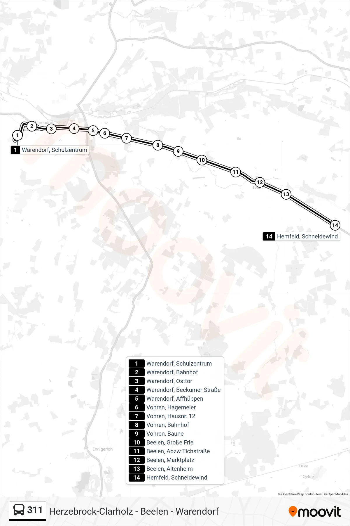 311 tram Line (Hemfeld, Schneidewind) route and stops on a map