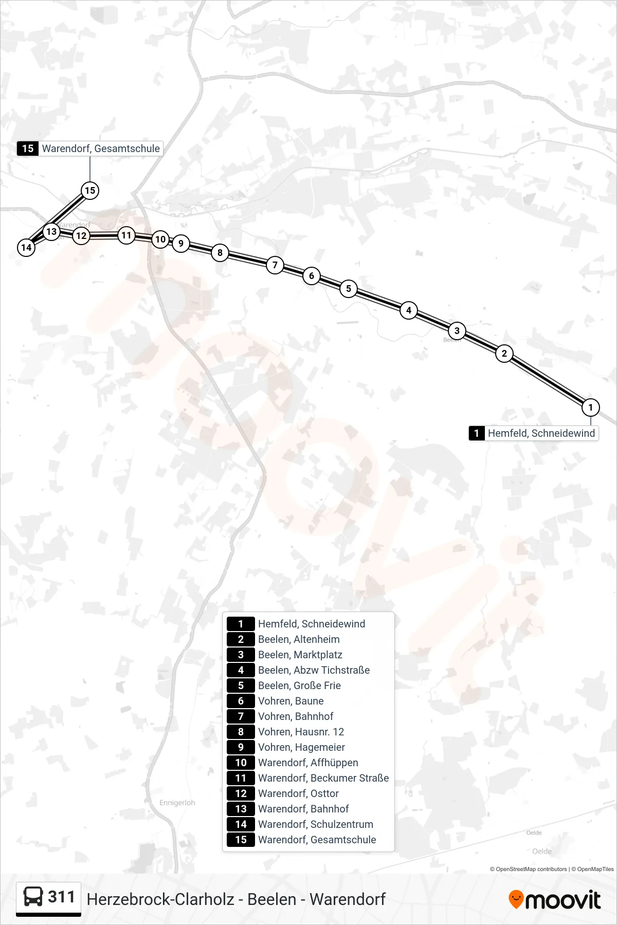 Linie 311 (Tram) Richtung Warendorf, Gesamtschule: Route und Haltestellen auf der Karte