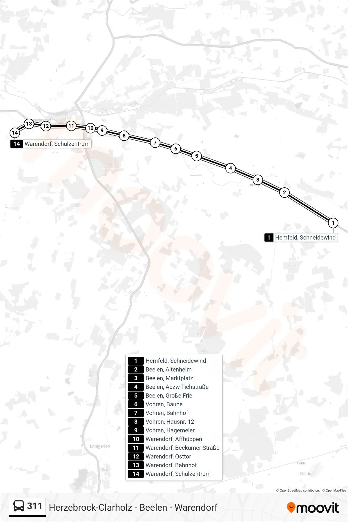 311 tram Line (Warendorf, Schulzentrum) route and stops on a map