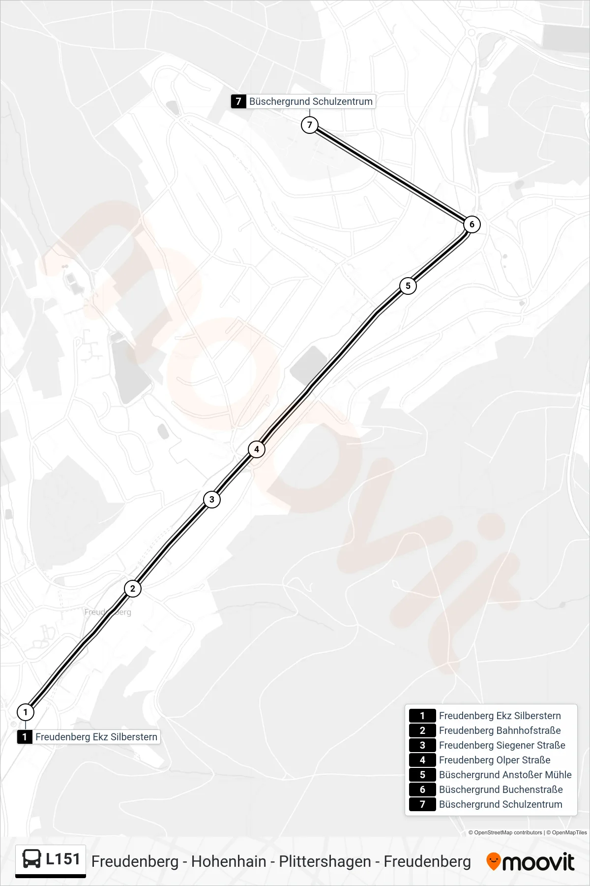 L151 bus Line (Büschergrund Schulzentrum) route and stops on a map