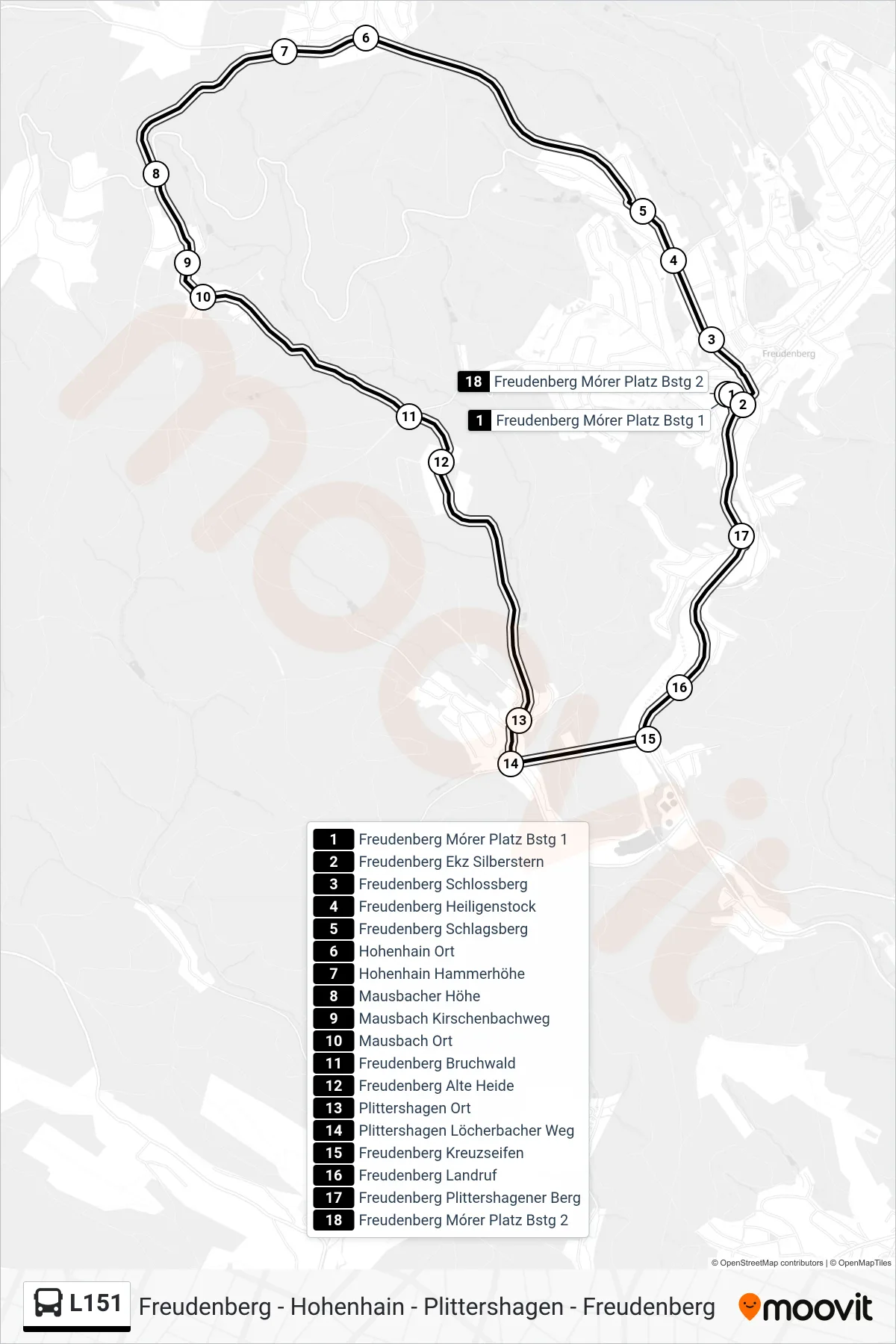Linie L151 (Bus) Richtung Freudenberg Mórer Platz Bstg 2: Route und Haltestellen auf der Karte