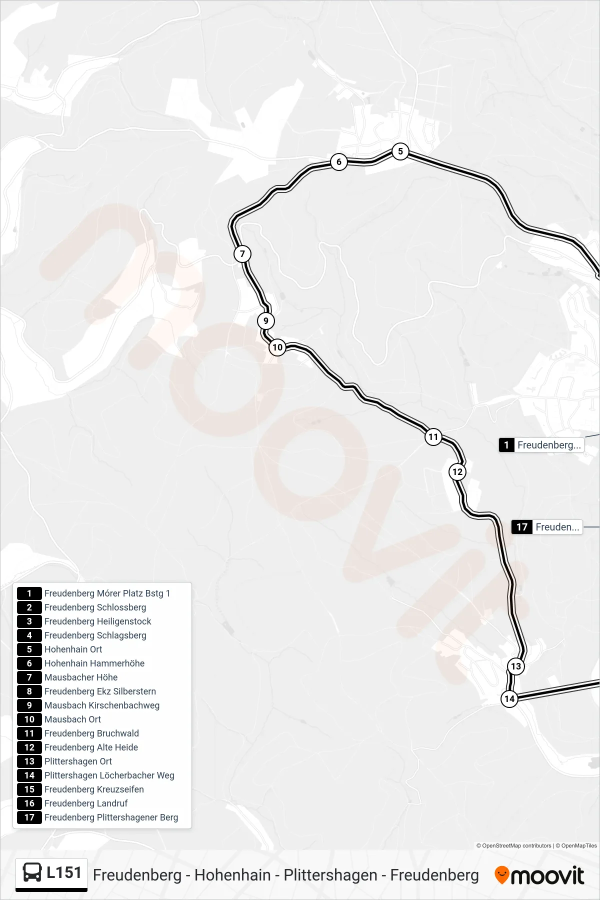 L151 bus Line (Freudenberg Ekz Silberstern) route and stops on a map