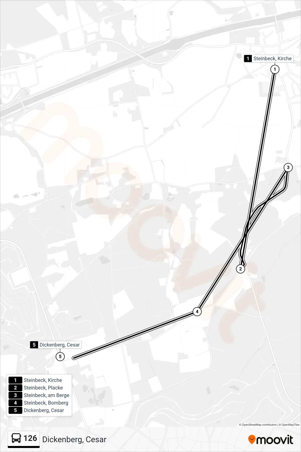 126 bus Line (Dickenberg, Cesar) route and stops on a map